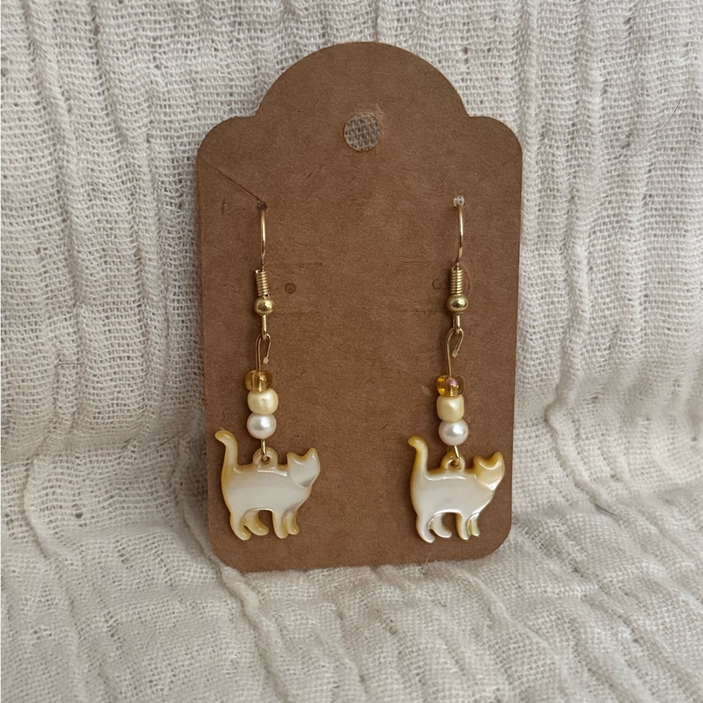 Gold and White Cat Earrings